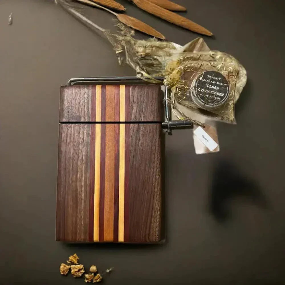 Handmade cheese slicer board with walnut, yellowheart, tigerwood, bloodwood.