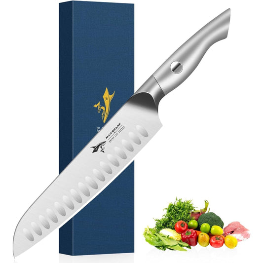 MAD SHARK 8 Inch Santoku Knife - Ultra Sharp Japanese Kitchen Knife, High Carbon German Steel, Ergonomic Handle - Ideal for Slicing, Dicing & Chopping - Unique Gift for Chefs, Men & Women (White)