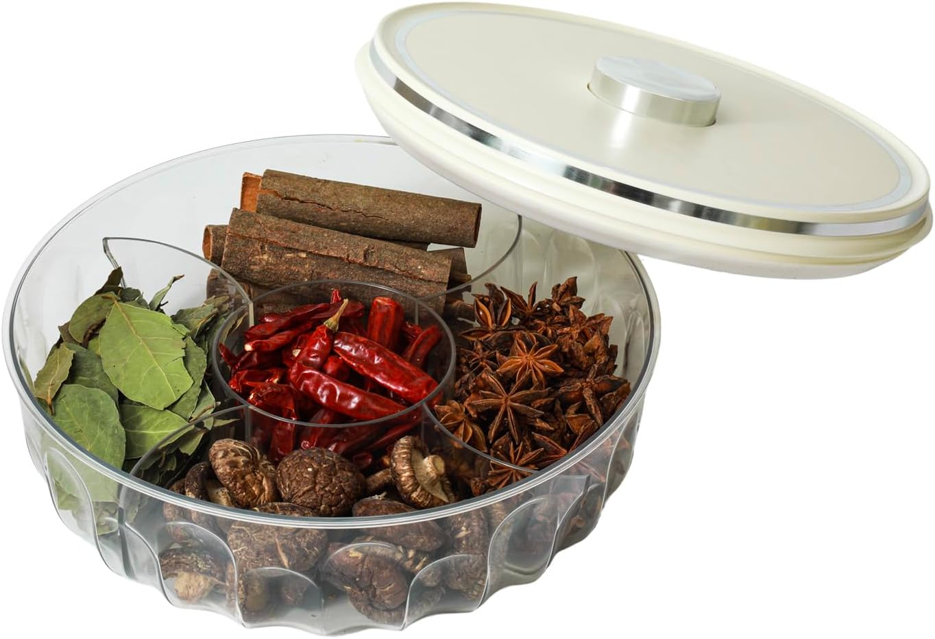 Round Spice Organizer Box with Lid – 5-Compartment Clear Seasoning Container for Kitchen – BPA-Free Food Grade Storage for Herbs, Dried Chili, Star Anise & More