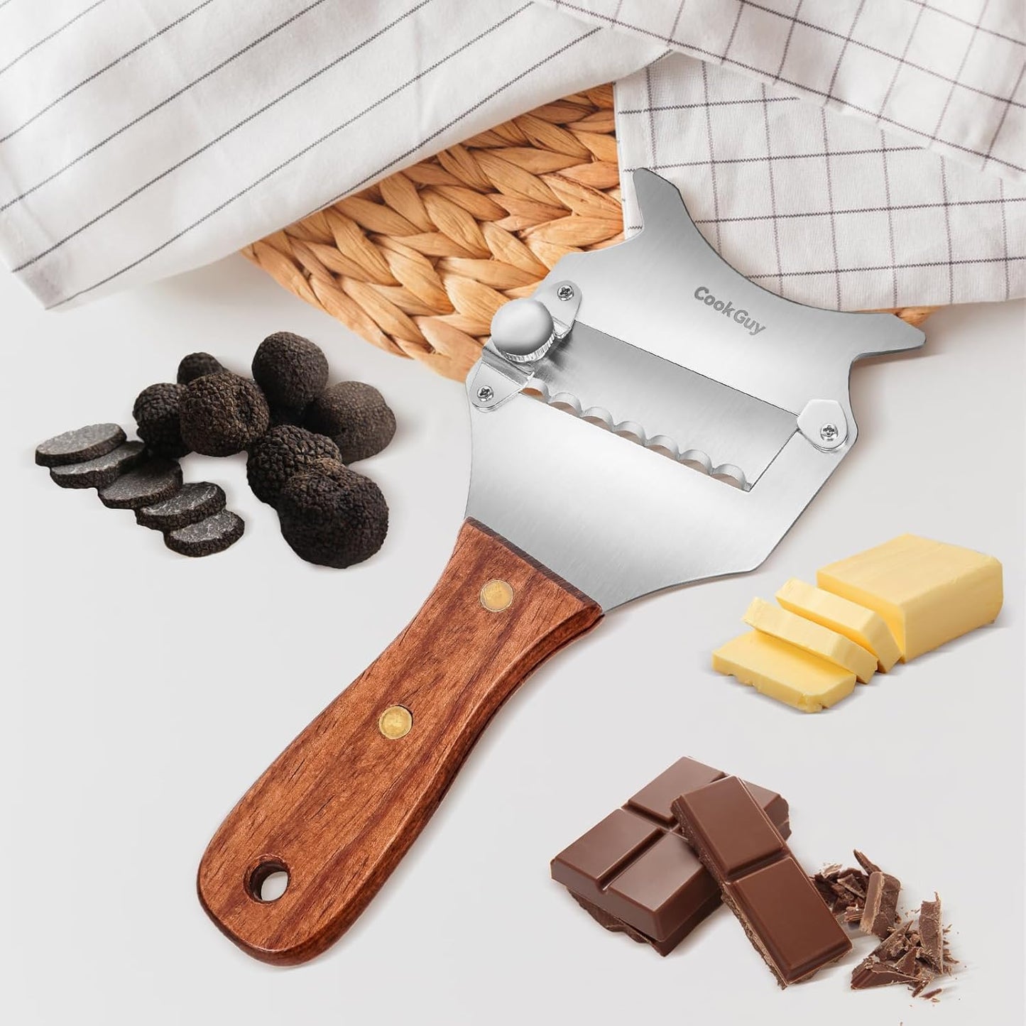 Cook Guy Premium Stainless Steel Truffle and Cheese Slicer with Adjustable Blade and Elegant Rosewood Handle, Versatile Chocolate Shaver and Wavy Blade Dessert Knife for Essential Kitchen Use