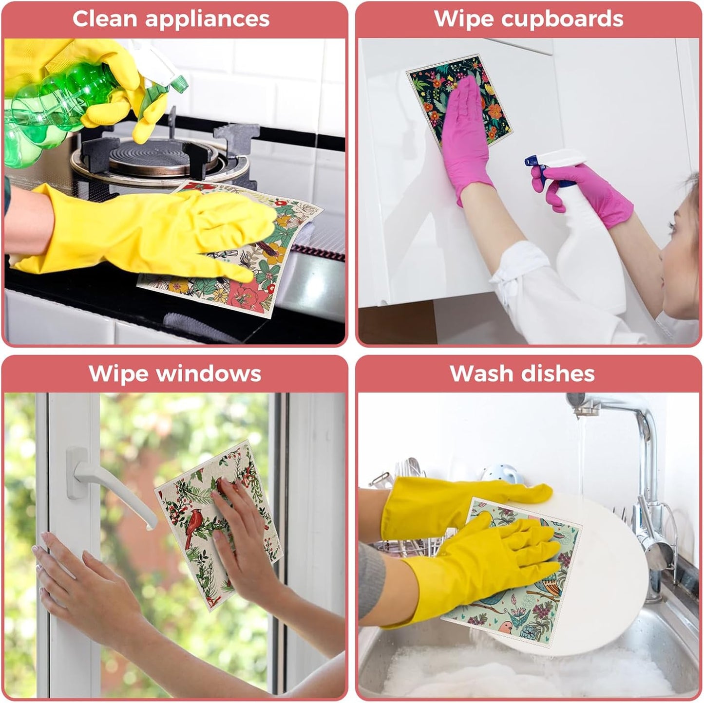 10PCS Swedish Dishcloths for Kitchen, Reusable Dish Rags for Washing Dishes with Clips, Non-Scratch Kitchen Towels and Dishcloths Sets, Washable Swedish Dish Cloths, No Odor(Birds Flowers)