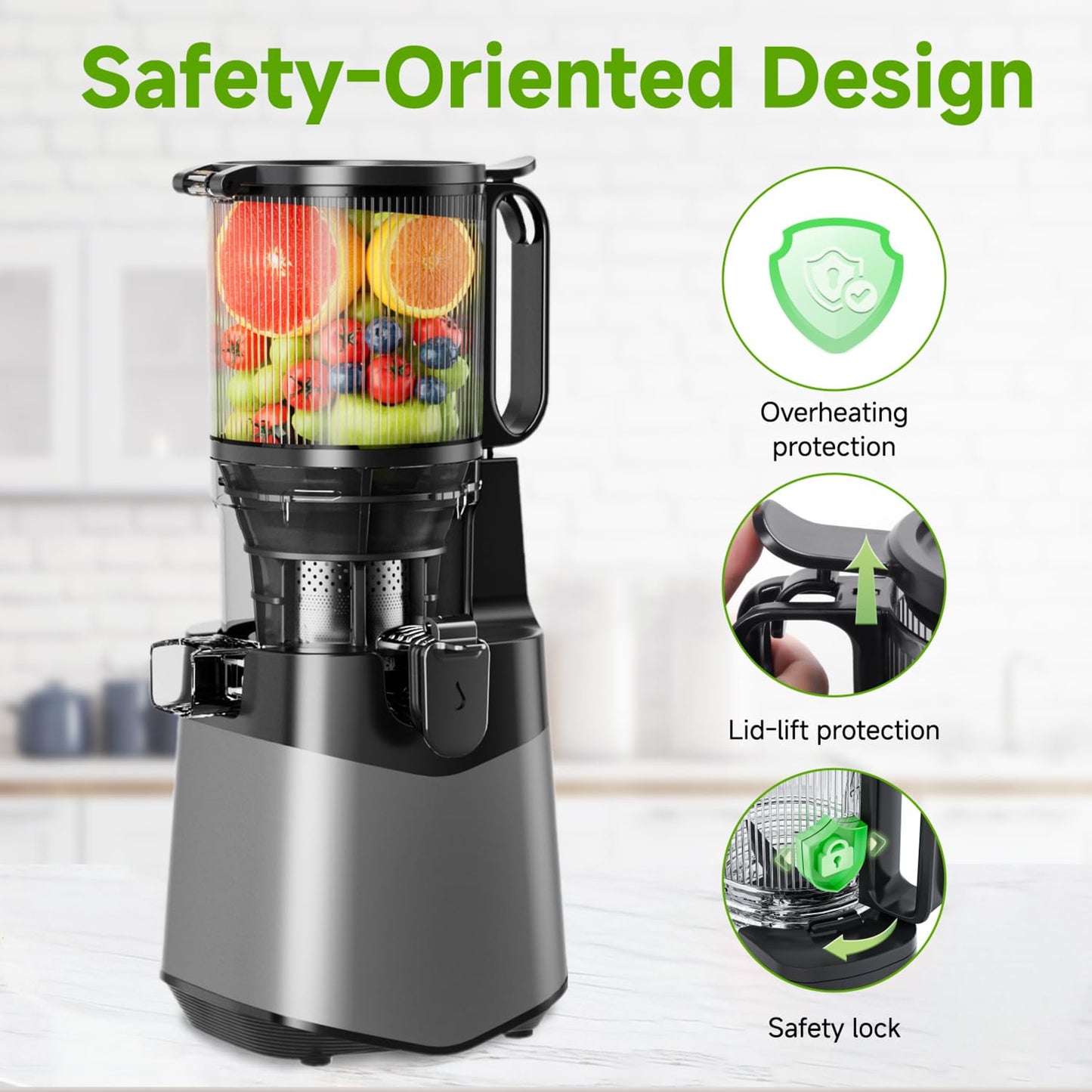 Cold Press Juicer, 5.8" Wide Feed Chute Juice Extractor Machine with 400W, High Juice Yield, Slow Masticating Juicer for Whole Vegetables & Fruits, Charcoal Grey