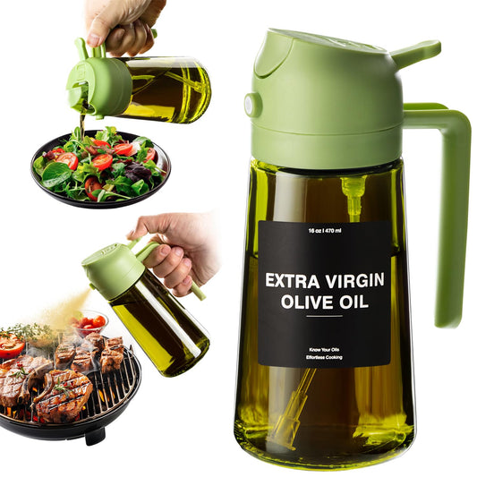 CXINYI - 16oz/470ml Olive Oil Dispenser for Kitchen with Stickers - 2 in 1 Olive Oil Sprayer for Cooking, Air Fryer, and Salad, Black&Green (Light-Proof Kitchen Gadget)