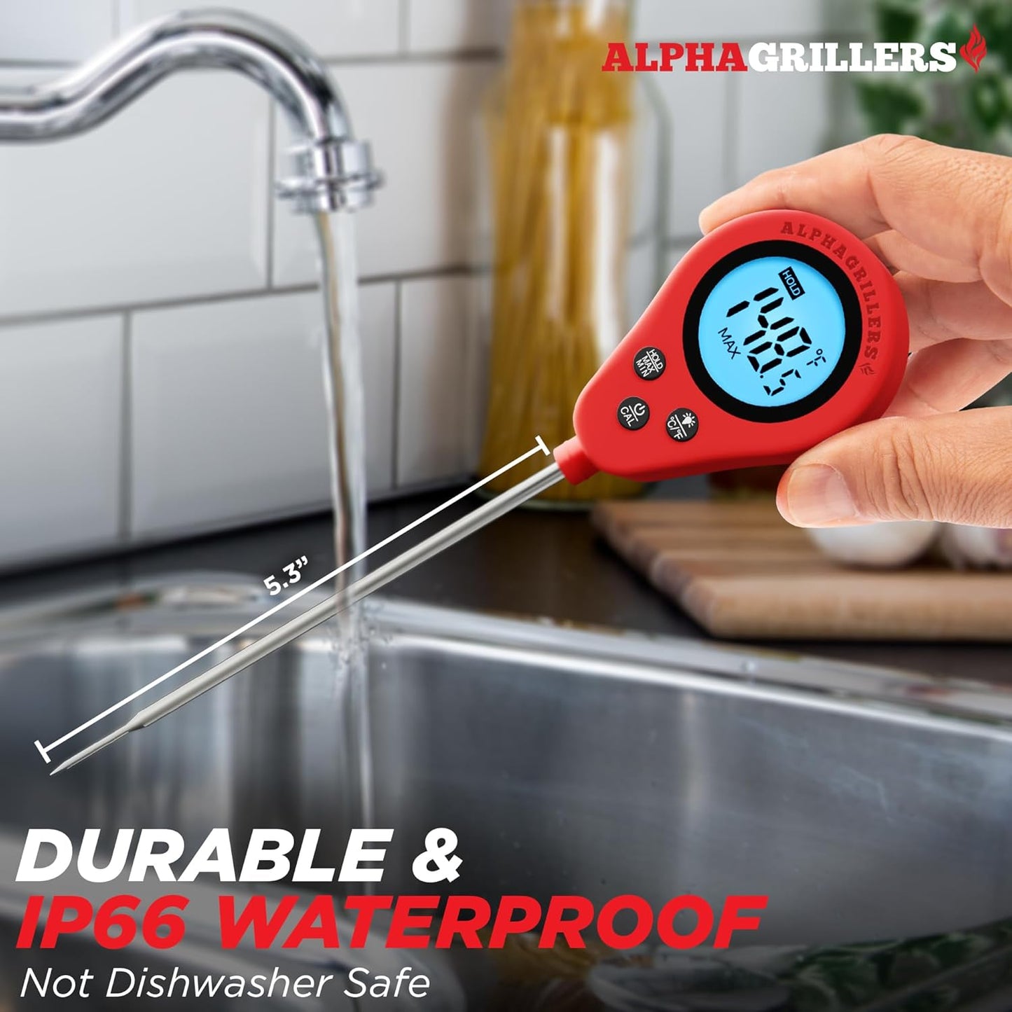 Alpha Grillers Instant Read Meat Thermometer Digital Food Thermometer for Cooking Grilling Bread Baking Liquids and Air Fryer with Temperature Guide, Long Probe and Large Backlit Display