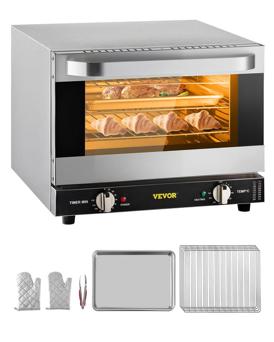 VEVOR Commercial Convection Oven, 21L/19Qt, Quarter-Size Conventional Oven Countertop, 1440W 3-Tier Toaster w/Front Glass Door, Electric Baking Oven w/Trays Wire Racks Clip Gloves, 120V