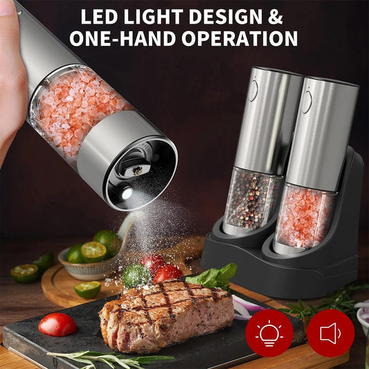 Electric Salt and Pepper Grinder Set, Rechargeable Automatic Stainless Steel Pepper Mills with LED Light, Upgraded Charging Base, Adjustable Coarseness, One-Hand Operation, House Warming Cooking Gifts