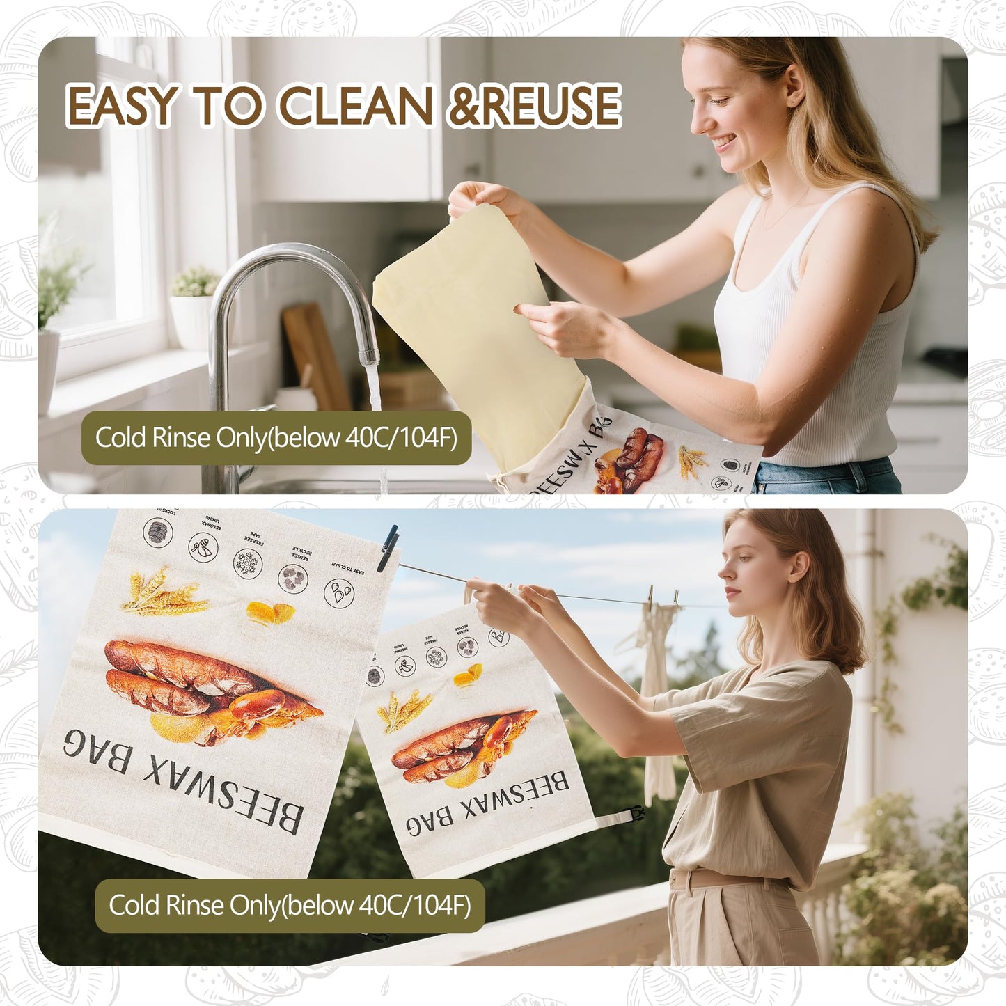 3-Pack Reusable Beeswax Bread Bags for Homemade Bread Sourdough, 2 Natural Beeswax 100% Linen Moisture-proof Lined Storage Bags with Buckle& 1 Bowl Covers –Easy to Clean,Safe,Keeps Bakes Fresh Longer