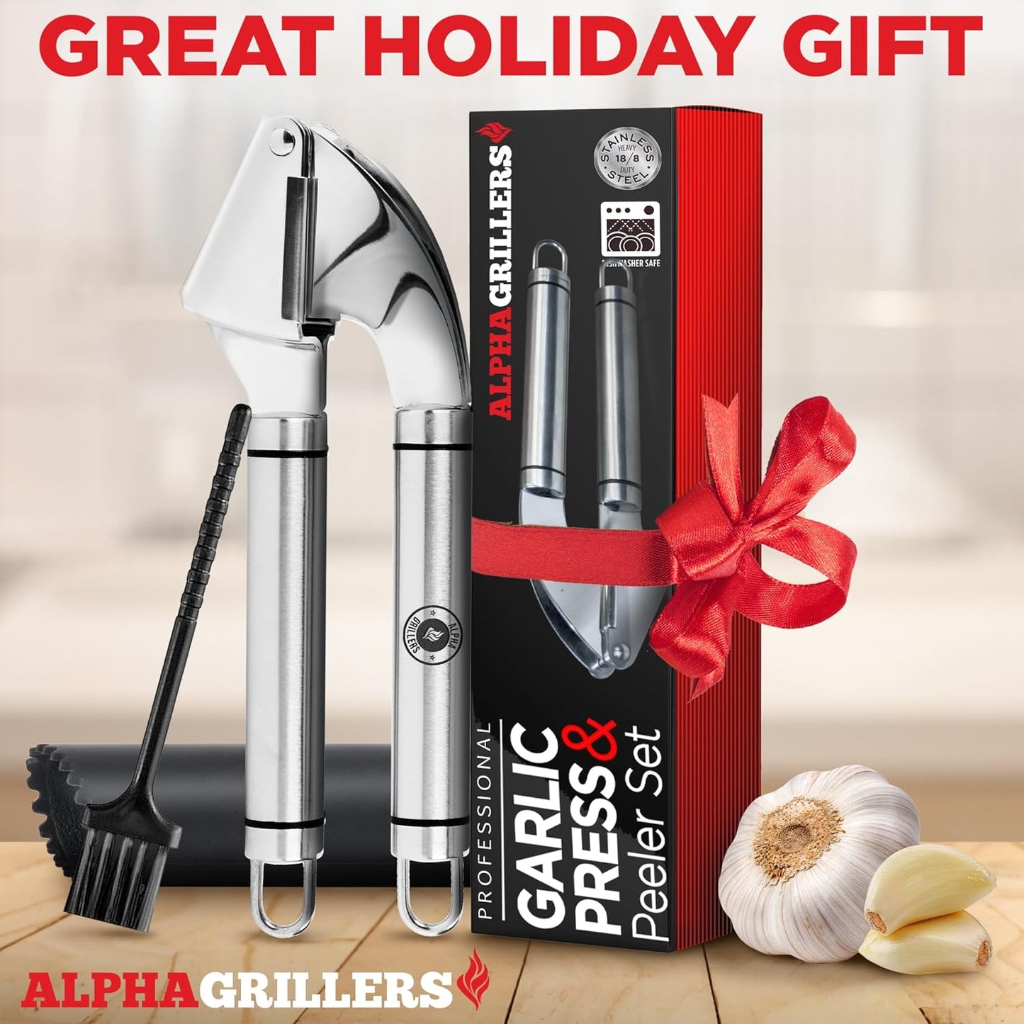 Alpha Grillers Garlic Press Stainless Steel - Professional Garlic Mincer and Crusher with Silicone Peeler Dishwasher Safe
