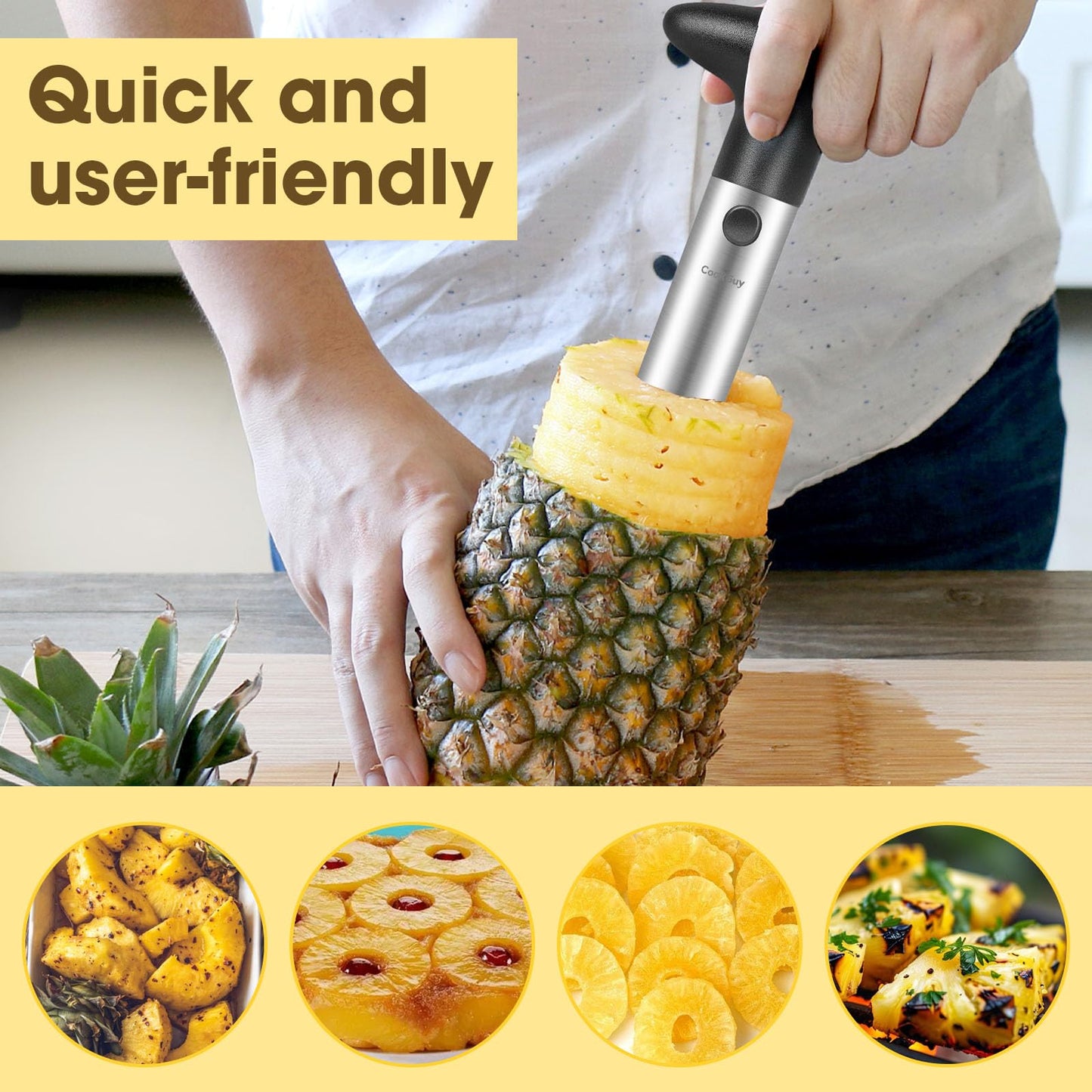 Cook Guy Hollow Handle Pineapple Corer and Slicer Set - Features Reinforced Stainless Steel Pineapple Cutter and Fruit Knife - Effortless Core Removal and Slicing Tool