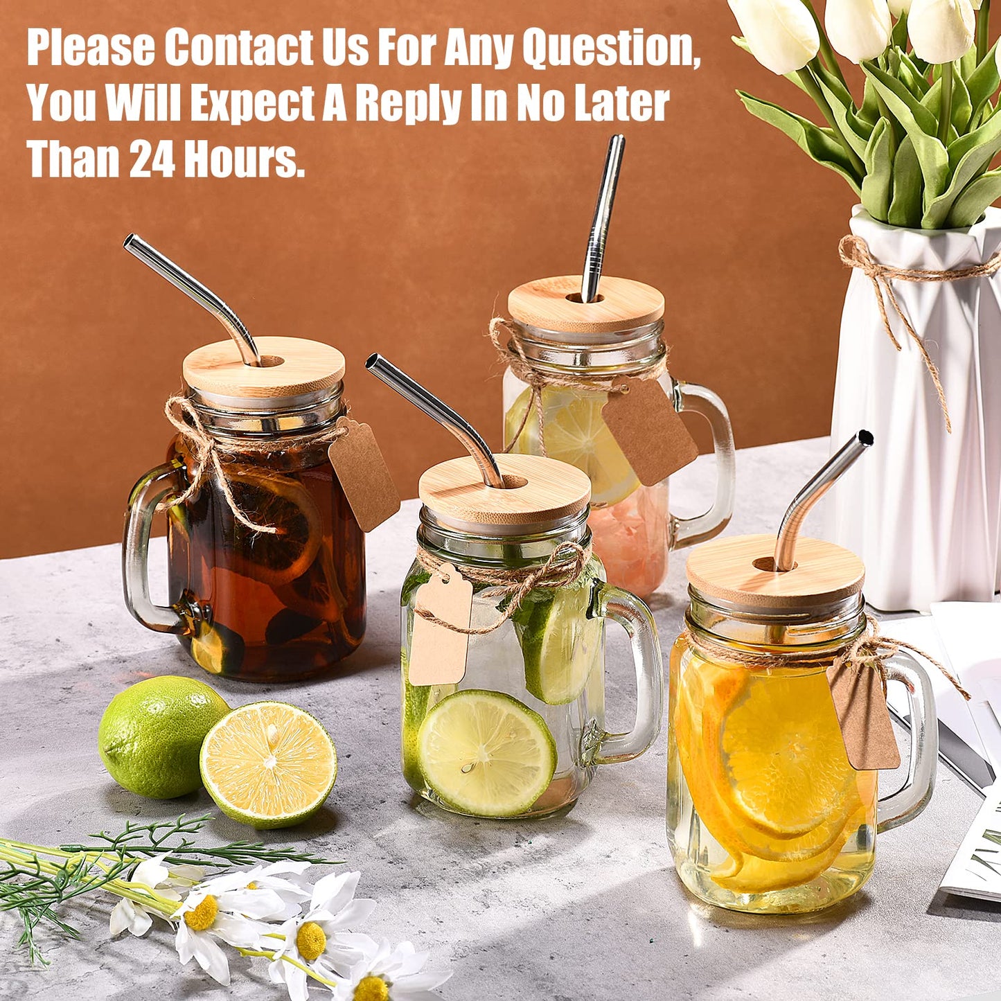 TANGLONG 16 oz Mason Jars with Handle, Mason Jar Cups, Glass Cups with Lids and Straws, Drinking Glasses Set of 12