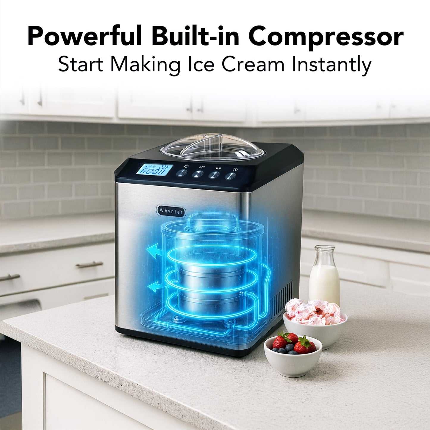 Whynter Ice Cream Maker Machine Automatic 1.28 Qt Upright with Built-In Compressor, LCD Digital Display & Timer, No Pre-Freezing, ICM-128BPS, Black/Pink