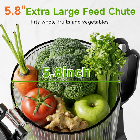 Cold Press Juicer, 5.8" Wide Feed Chute Juice Extractor Machine with 400W, High Juice Yield, Slow Masticating Juicer for Whole Vegetables & Fruits, Charcoal Grey