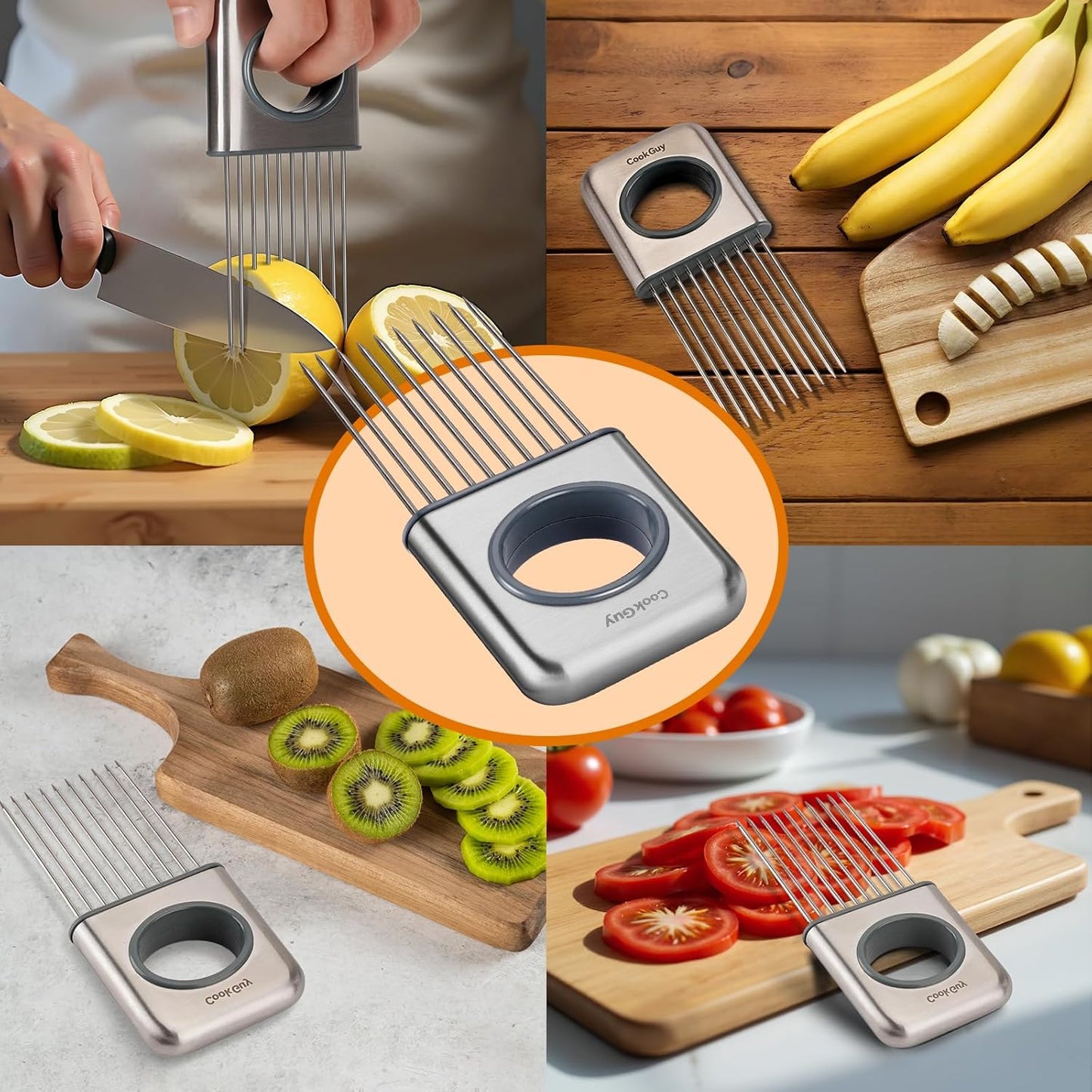 Cook Guy Stainless Steel Onion Holder and Slicer – Multi-Purpose Food Slicing Tool for Onions, Tomatoes, Avocados, Potatoes, Eggs, and More – Easy Grip with 10 Even Prongs