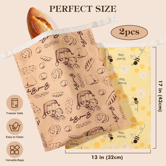 Aofmee Reusable Beeswax Bread Bags for Homemade Bread, 2 Pack Sourdough Bread Bags, XL Natural Cotton Beeswax Bag, Fresh Keeping Extra Large Bread Food Storage Bag for Gift Giving
