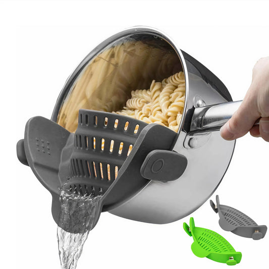 Kitchen Gizmo Snap N' Strain - Silicone Pasta Strainer Clip-On for Pots and Pans - Heat Resistant Colander for Vegetables and Noodles - Kitchen Gadgets for Cooking - Space-Saving Design - Gray
