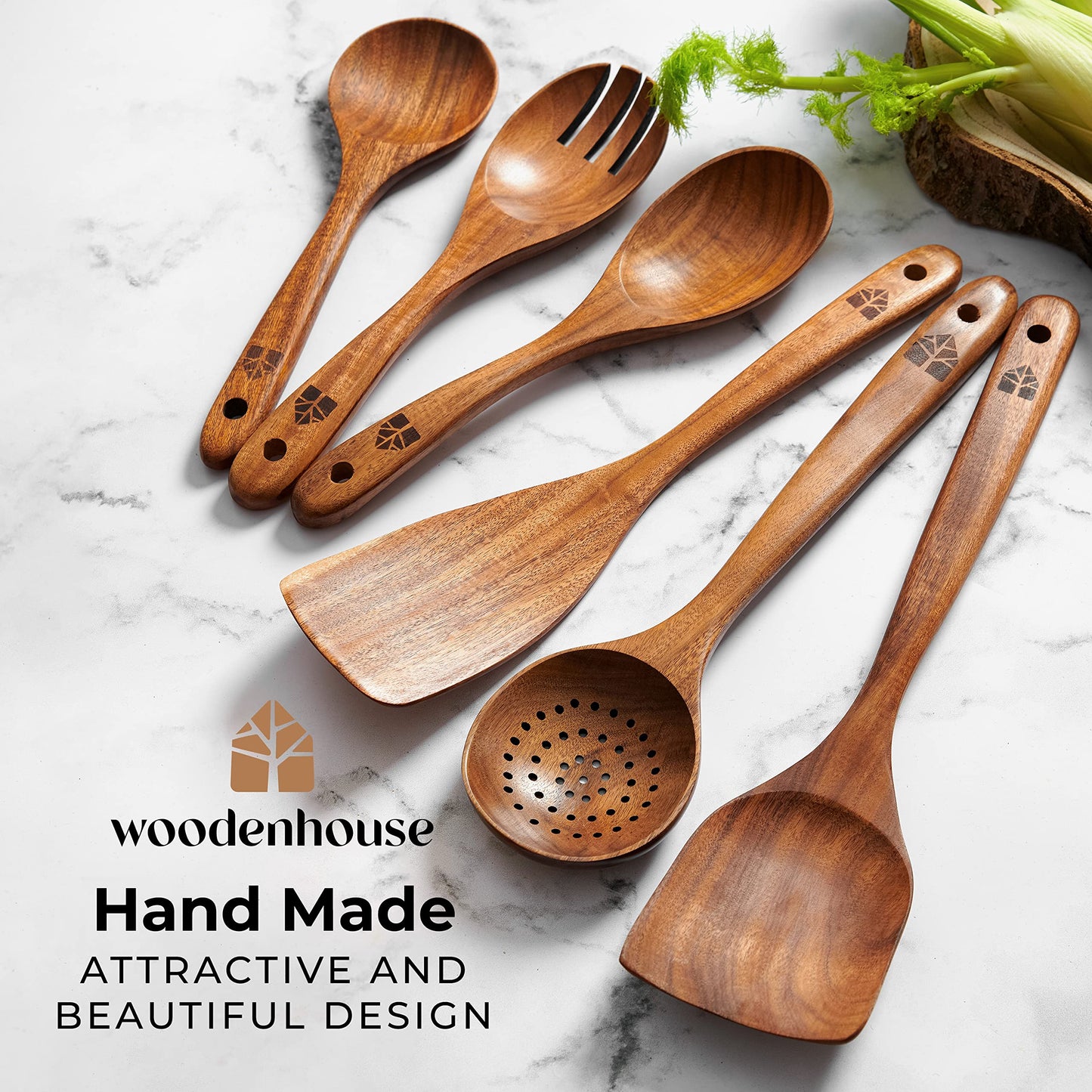 Wooden Spoons for Cooking – 10 Pc Teak Wood Utensil Set, Durable, Nonstick Safe & Heat Resistant with Ergonomic Handles - Unique Kitchen Gifts for Women Men, Cooking Gifts for Men Women