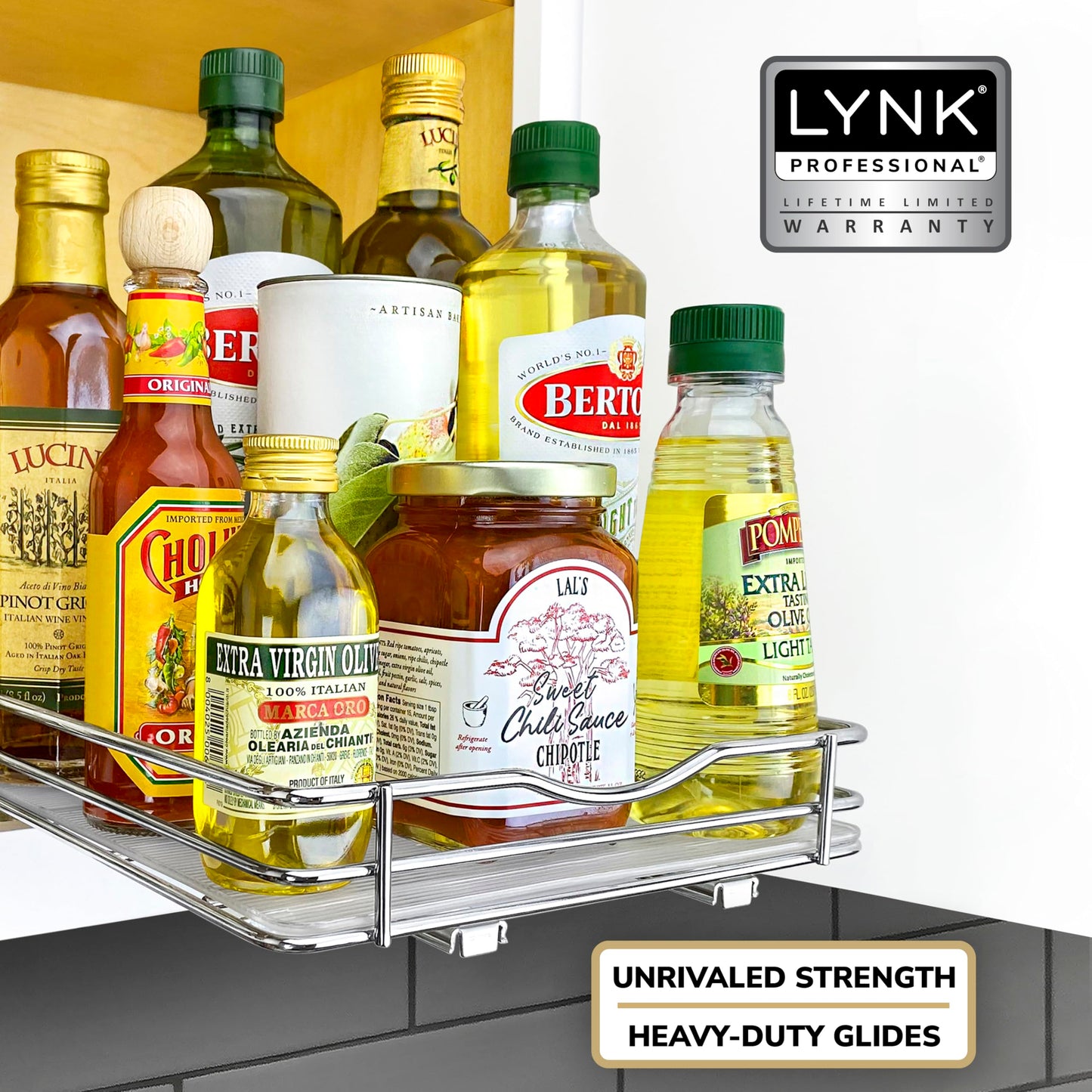 LYNK PROFESSIONAL® Pull Out Spice Rack Organizer for Inside Kitchen Cabinets - 4-3/8 inch Wide - Slide Out Drawer – Black Sliding Spice Cabinet Organization Shelf Racks - 2 Tier