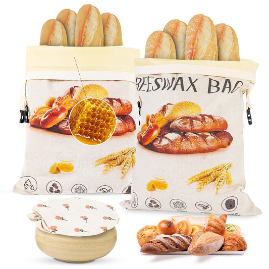 3-Pack Reusable Beeswax Bread Bags for Homemade Bread Sourdough, 2 Natural Beeswax 100% Linen Moisture-proof Lined Storage Bags with Buckle& 1 Bowl Covers –Easy to Clean,Safe,Keeps Bakes Fresh Longer