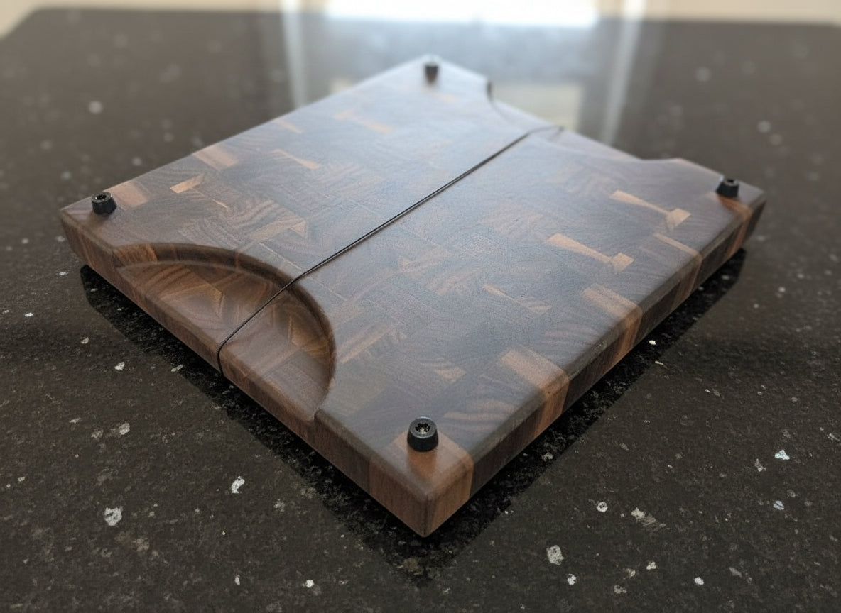 Black Walnut End Grain Cutting Board – 12.25" x 14" x 1.25" with Handle Holds & Rubber Feet