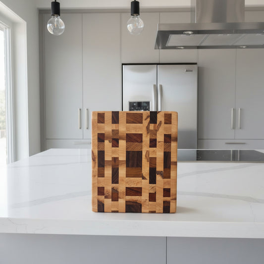 8×9×1.5" End Grain Cutting Block — Ambrosia Maple, Hickory, Black Walnut, Canarywood & Tigerwood with rubber feet