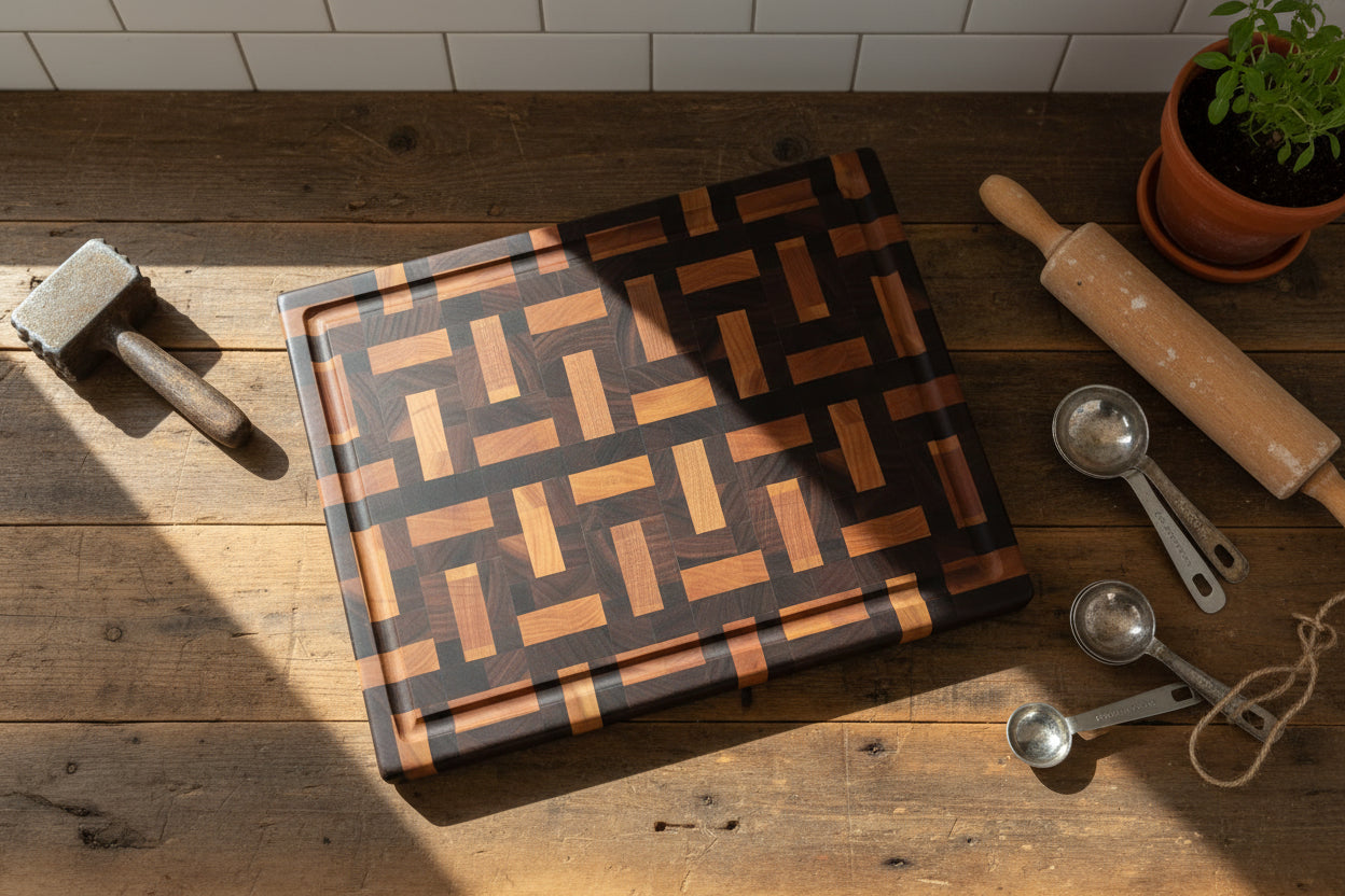 Handcrafted End‑Grain Cherry & Black Walnut Cutting Board – 12.5×16.5×1.25" with Juice Groove