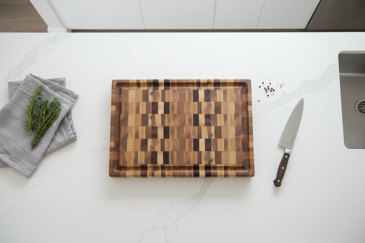 Handcrafted End‑Grain Northern Hard Maple Butcher Block – 13.75×18.25×2" with Handhold Handles, Juice Groove & Rubber Feet