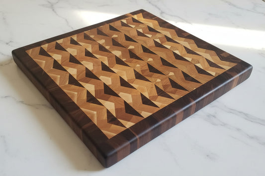 Handcrafted End‑Grain Butcher Block – 16.25" × 17.5" × 1.5" Black Walnut, Maple & Cherry with Rubber Feet