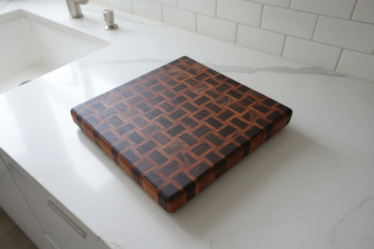 Handcrafted Basket Weave End‑Grain Butcher Block – 11" × 14" × 2" Black Walnut & Mahogany with Rubber Feet