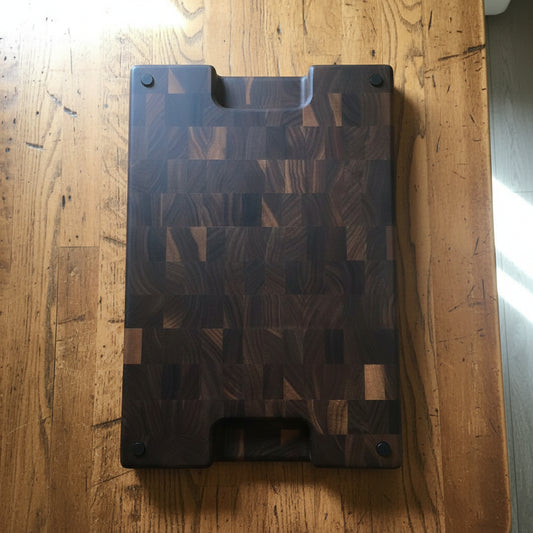 Handcrafted End‑Grain Black Walnut Butcher Block — 12x18x2.5" with Handholds, Juice Groove & Rubber Feet
