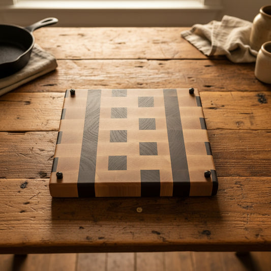 Handcrafted End‑Grain Butcher Block – 13.5" × 13.5" × 2" Black Walnut & Hard Northern Maple with Rubber Feet