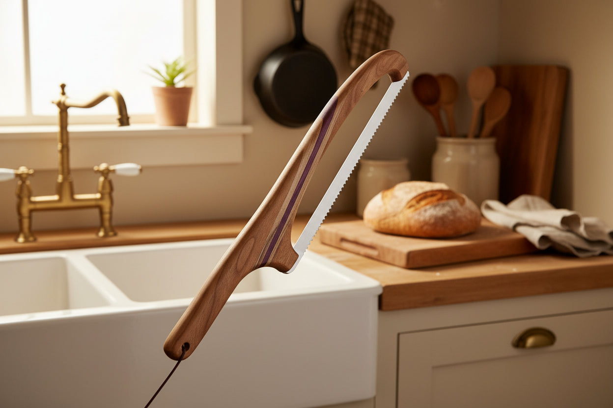 16" Right‑Handed Bread Knife — Cherry, Purpleheart & Ambrosia Maple