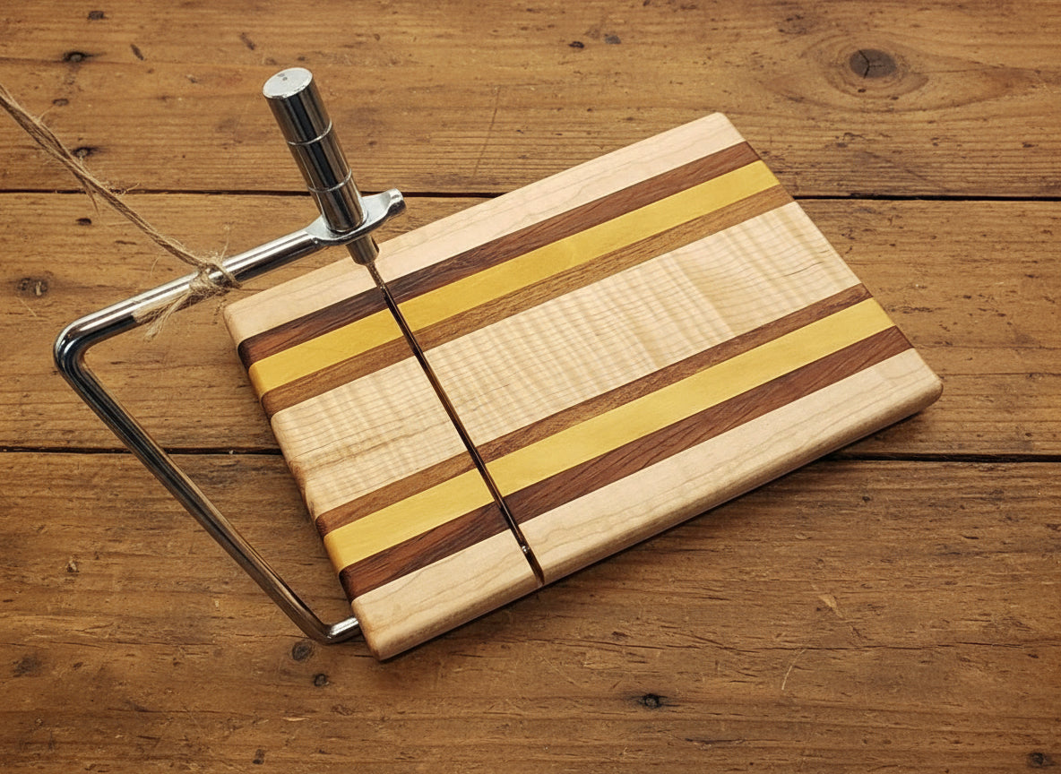 Handmade Cheese Slicer – Curly Maple, Yellowheart & Tigerwood (6" x 9" x 3/4")
