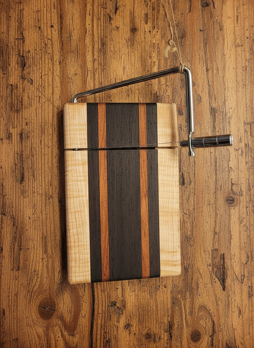 Handmade Cheese Slicer – Wenge, Curly Maple & Tigerwood (6" x 9" x 3/4")