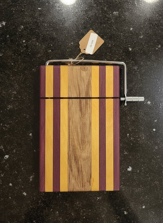 Handmade Cheese Slicer – Purpleheart, Yellowheart & Curly Maple (6" x 9")