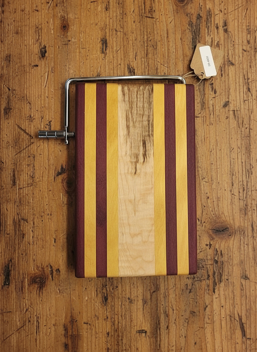 Handmade Cheese Slicer – Purpleheart, Yellowheart & Curly Maple (6" x 9")