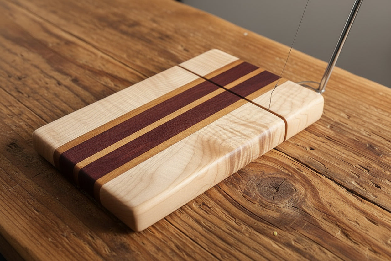 Left‑Handed Purpleheart, Tigerwood & Curly Maple Cheese Slicer – 6x9x¾ with Stainless Steel Wire