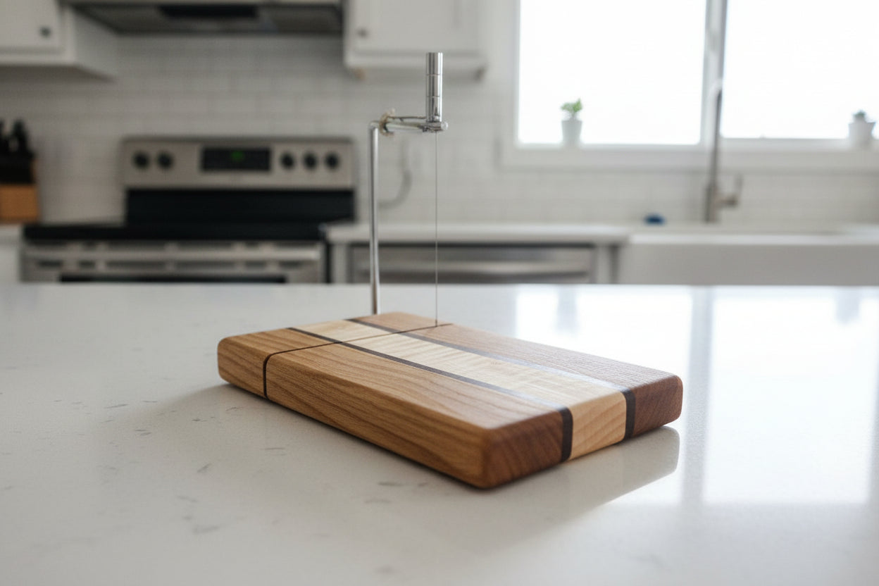 Left‑Handed Black Walnut, Cherry & Curly Maple Cheese Slicer – 6x9x¾ with Stainless Steel Wire