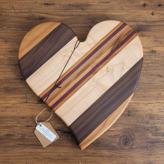 Curly Maple, Ambrosia Maple, Cherry, Purpleheart & Black Walnut Heart‑Shaped Cutting Board – 10" x 0.75"