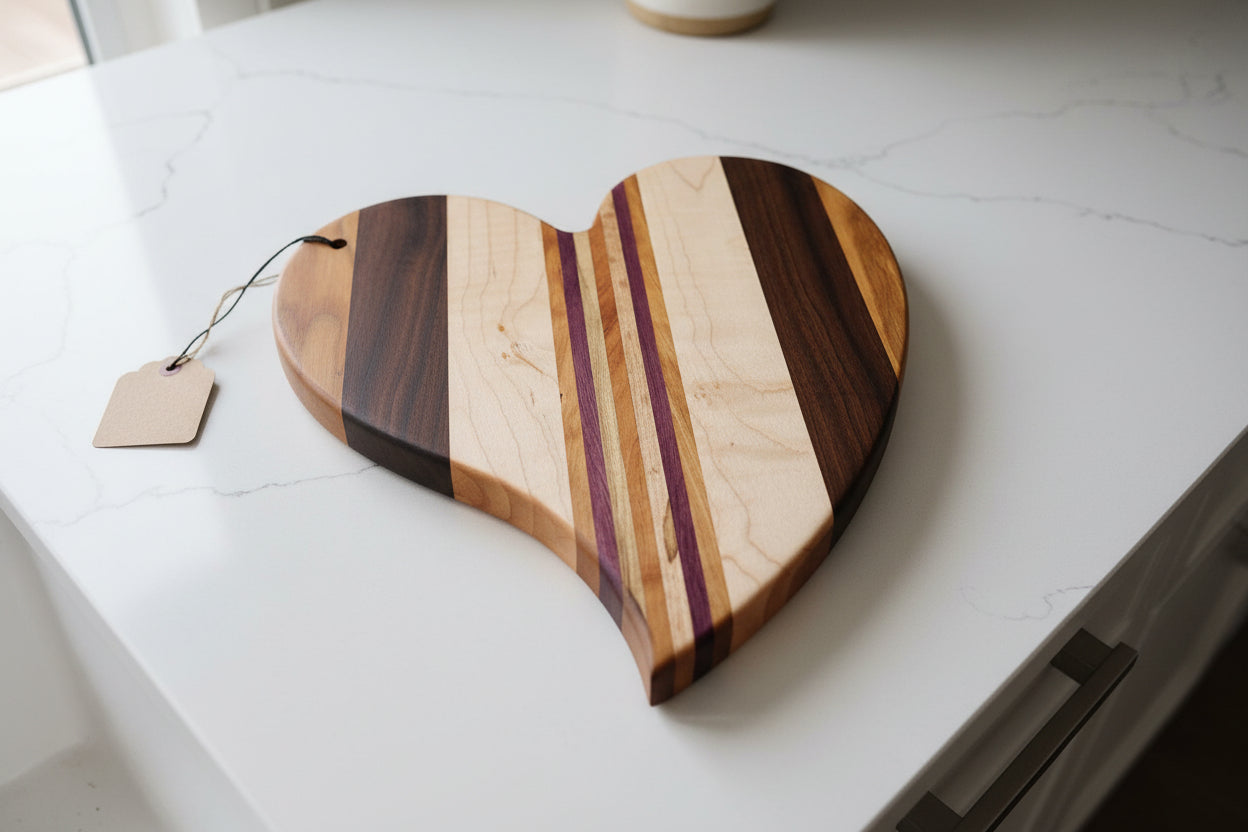 Curly Maple, Ambrosia Maple, Cherry, Purpleheart & Black Walnut Heart‑Shaped Cutting Board – 10" x 0.75"