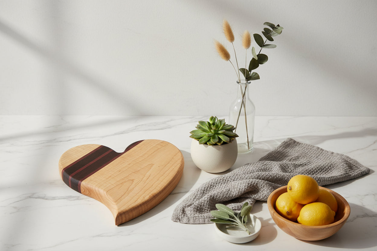 10" Curved Heart‑Shaped Cutting Board — Curly Maple, Purpleheart & Wenge