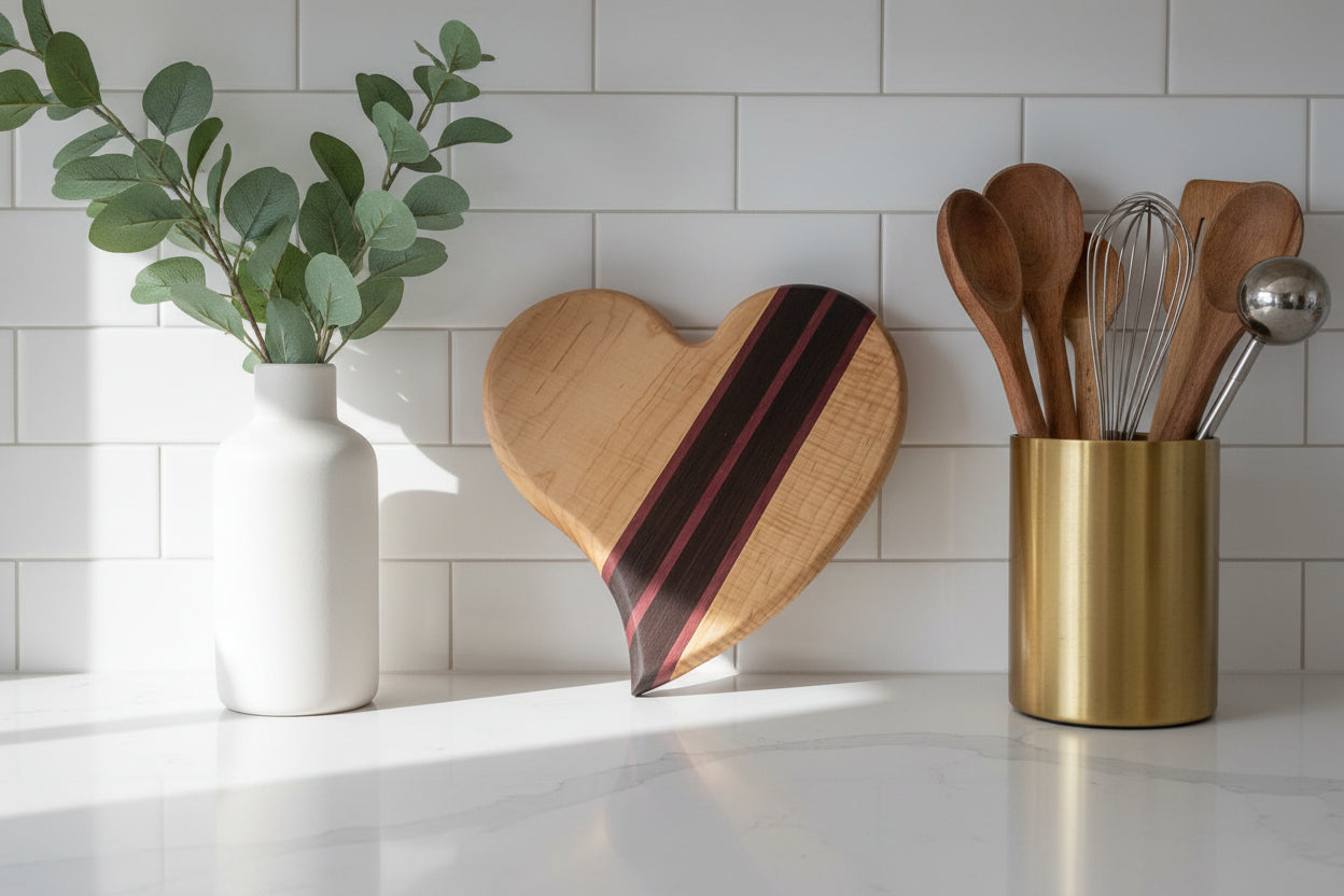 10" Curved Heart‑Shaped Cutting Board — Curly Maple, Purpleheart & Wenge