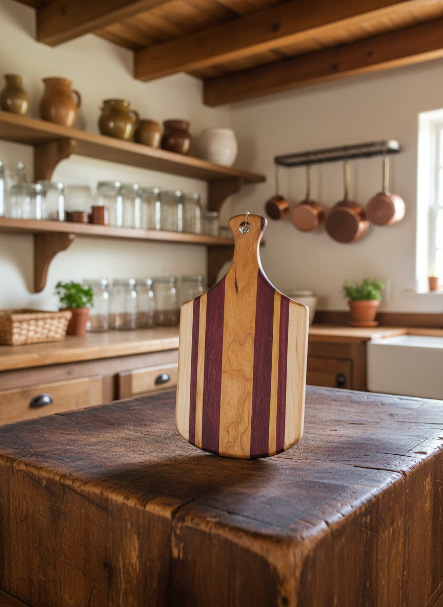 Handmade Mini Cutting Board with Handle – Curly Maple, Cherry & Purple Heart (5.5" x 7", 10" with Handle)