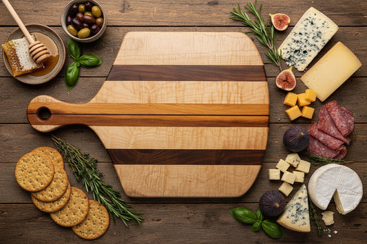 Quilted Maple, Black Walnut & Gonçalo Alves Charcuterie Board – 14" x 21" x 0.75"
