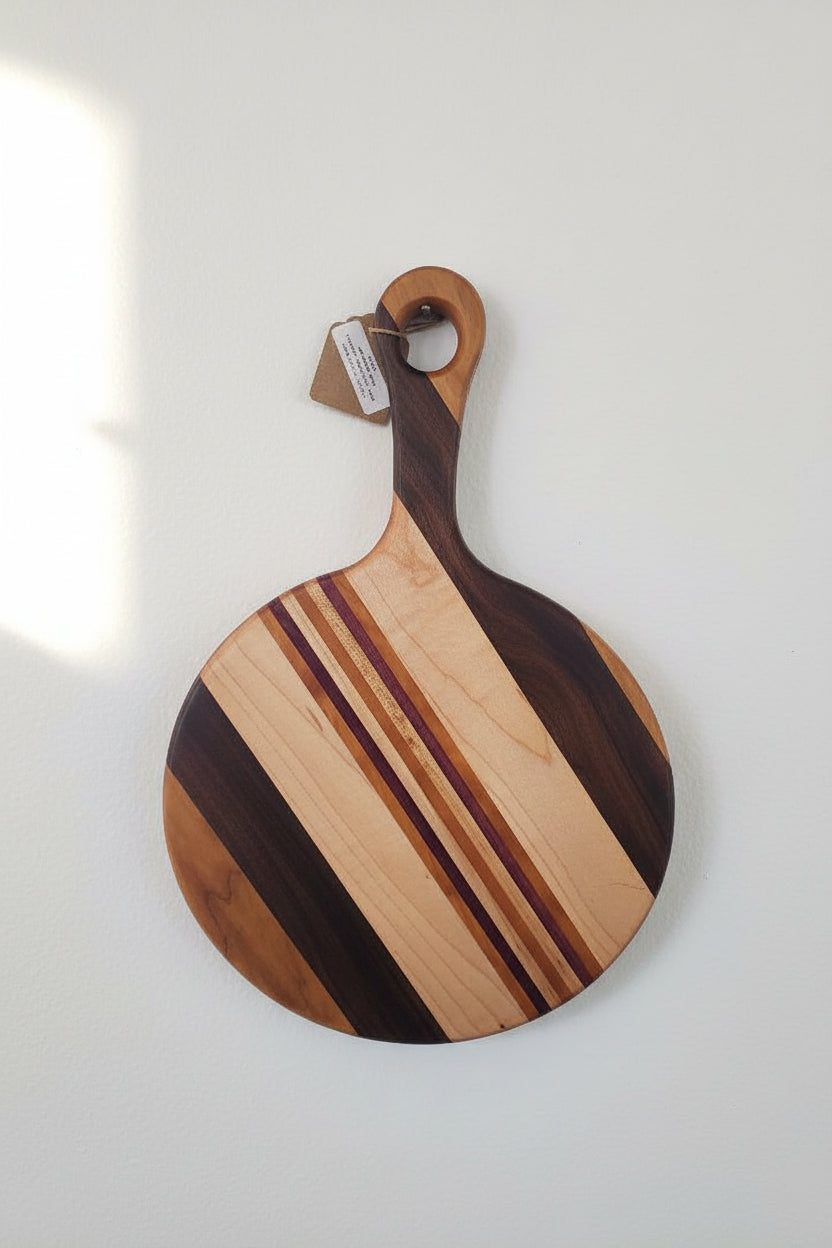 Cherry, Black Walnut, Ambrosia Maple & Purpleheart Cutting Board – 9" x 0.75" (14" Total Length)