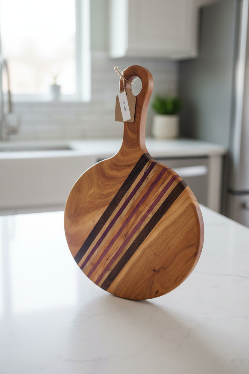 Rustic Multi‑Wood Cutting Board with Handle — Cherry, Black Walnut, Ambrosia Maple & Purpleheart