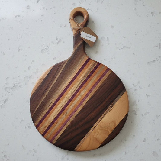 Cherry, Black Walnut, Ambrosia Maple & Purpleheart Cutting Board with Handle – 9" x 0.75" (14" Total Length)