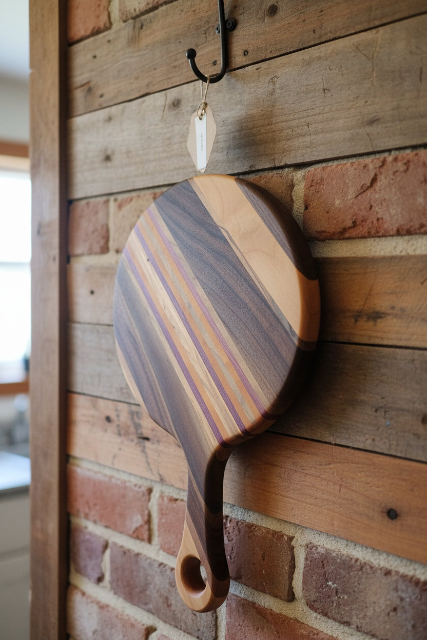 Cherry, Black Walnut, Ambrosia Maple & Purpleheart Cutting Board with Handle – 9" x 0.75" (14" Total Length)