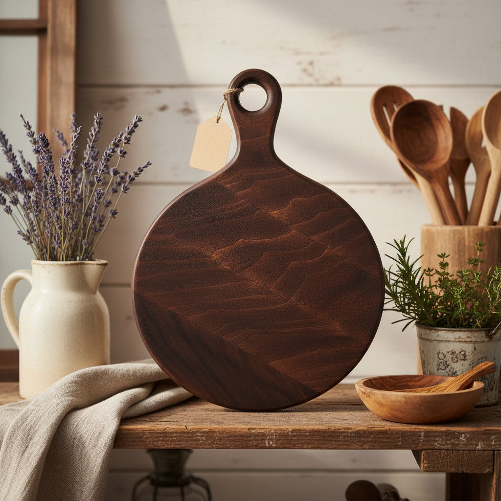 8" Round Black Walnut Cutting Board with Short Handle — 1" Thick