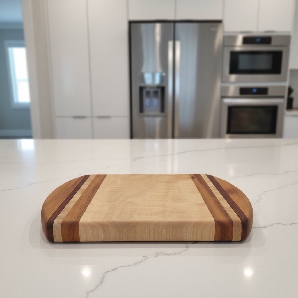 Handcrafted Cutting Board – 8" × 12" × 0.75" Curly Maple, Tigerwood & Padauk