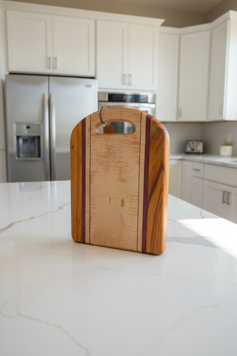 Handcrafted Cutting Board – 12" × 16" × 0.75" Curly Maple, Canarywood & Purpleheart with Handle